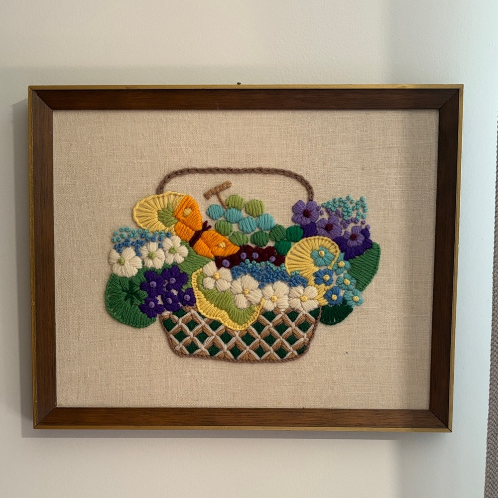 Floral Basket Embroidered Wall Art | Vintage Handmade | 12”x 15”